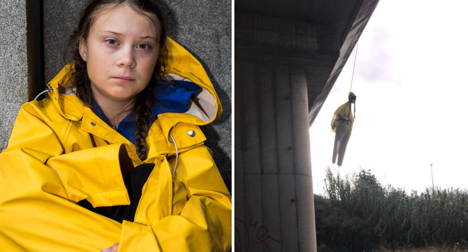 Greta Thunberg shown alongside a dummy replica found dangling from bridge in Rome, Italy. 