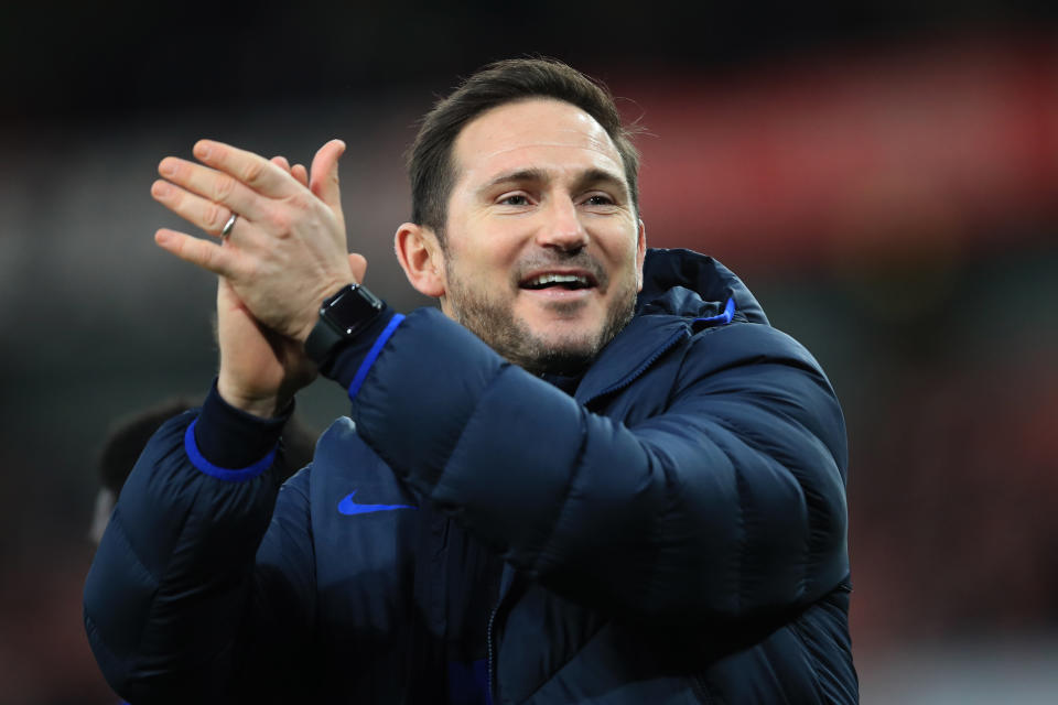 LONDON, ENGLAND - DECEMBER 29: Frank Lampard manager of Chelsea celebrates the win during the Premier League match between Arsenal FC and Chelsea FC at Emirates Stadium on December 29, 2019 in London, United Kingdom. (Photo by Marc Atkins/Getty Images)