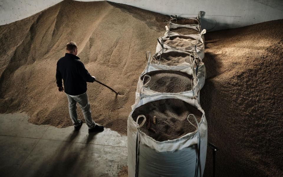 A farmer and member of the AgroUnia union moves rye grain stores