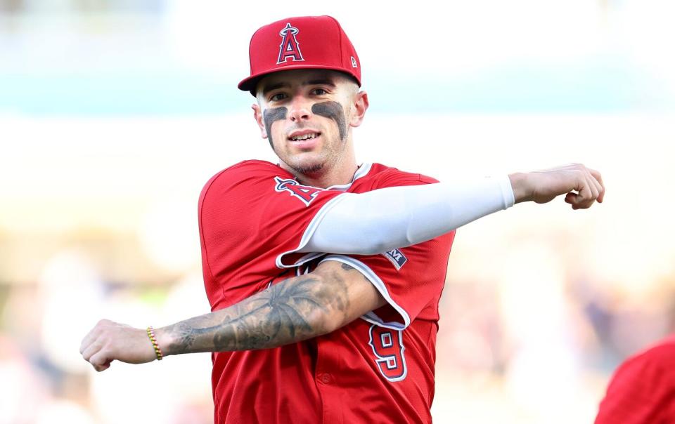 Angels shortstop Zach Neto warms up before a game against the Dodgers.