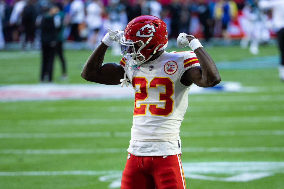 Feb 12, 2023; Glendale, Arizona, US; Kansas City Chiefs cornerback Joshua Williams (23) before action against the Philadelphia Eagles in Super Bowl LVII at State Farm Stadium. Mandatory Credit: Bill Streicher-USA TODAY Sports