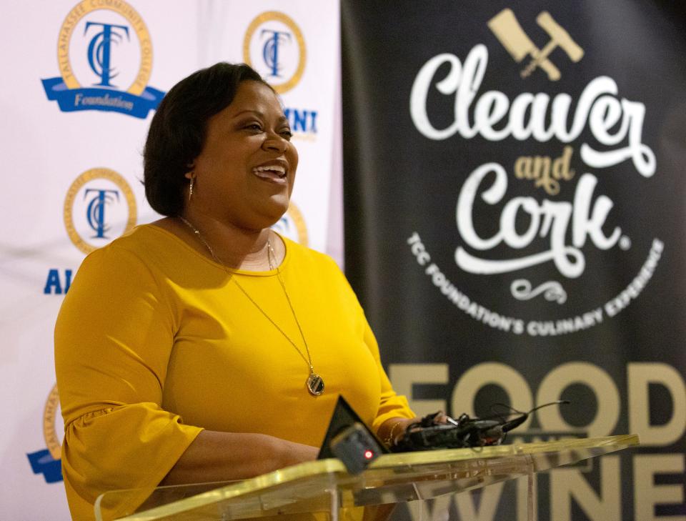 Tallahassee Community College Cleaver and Cork Co-Chair Carlecia Collins speaks at a press conference about the schoolÕs partnership with Amazon on Wednesday, Jan. 4, 2022 in Tallahassee, Fla. 