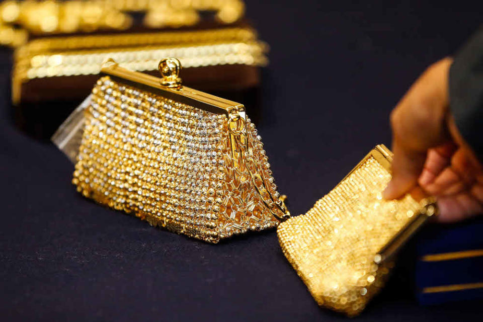 Some of the gold jewellery and bags are seen during the launch of Malaysian International Jewellery Fair at Jen Hotel, Penang November 18, 2021. — Picture by Sayuti Zainudin