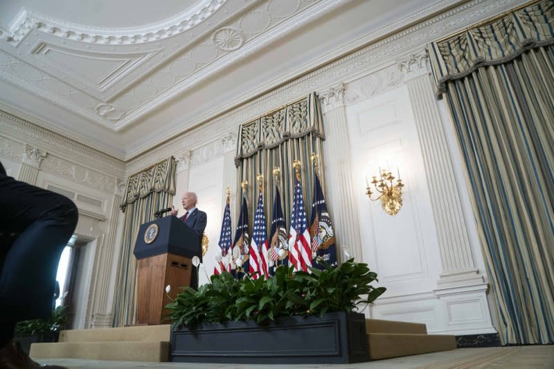 President Joe Biden tells leaders of the International Longshore and Warehouse Union (ILWU) and the Pacific Maritime Association (PMA) that their new labor contract covering West Coast ports is "a good deal for workers, a good deal for companies and a good deal for the United States of America." Photo by Bonnie Cash/UPI