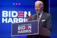 Democratic presidential candidate former Vice President Joe Biden speaks after participating in a coronavirus vaccine briefing with public health experts, Wednesday, Sept. 16, 2020, in Wilmington, Del. (AP Photo/Patrick Semansky)