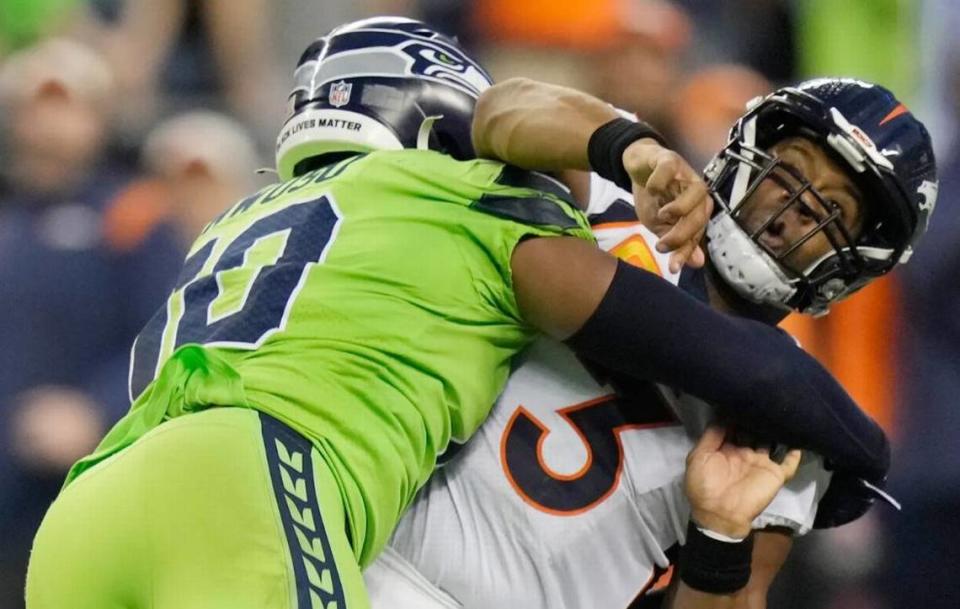 Linebacker Uchenna Nwosu consistently used the Lumen Field’s crowd booing Russell Wilson and the Broncos to get jumps off the snap and race into Denver’s quarterback and backfield in the Seahawks’ season-opening win Sept. 12, 2022.