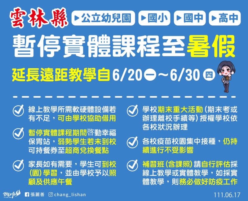 ▲雲林高中以下校園暫停實體課程至暑假。（圖／翻攝自張麗善臉書）