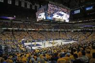 Apr 19, 2019; Indianapolis, IN, USA; A wide angle view of game three of the first round of the 2019 NBA Playoffs between the Indiana Pacers and the Boston Celtics during the fourth quarter at Bankers Life Fieldhouse. Mandatory Credit: Brian Spurlock-USA TODAY Sports