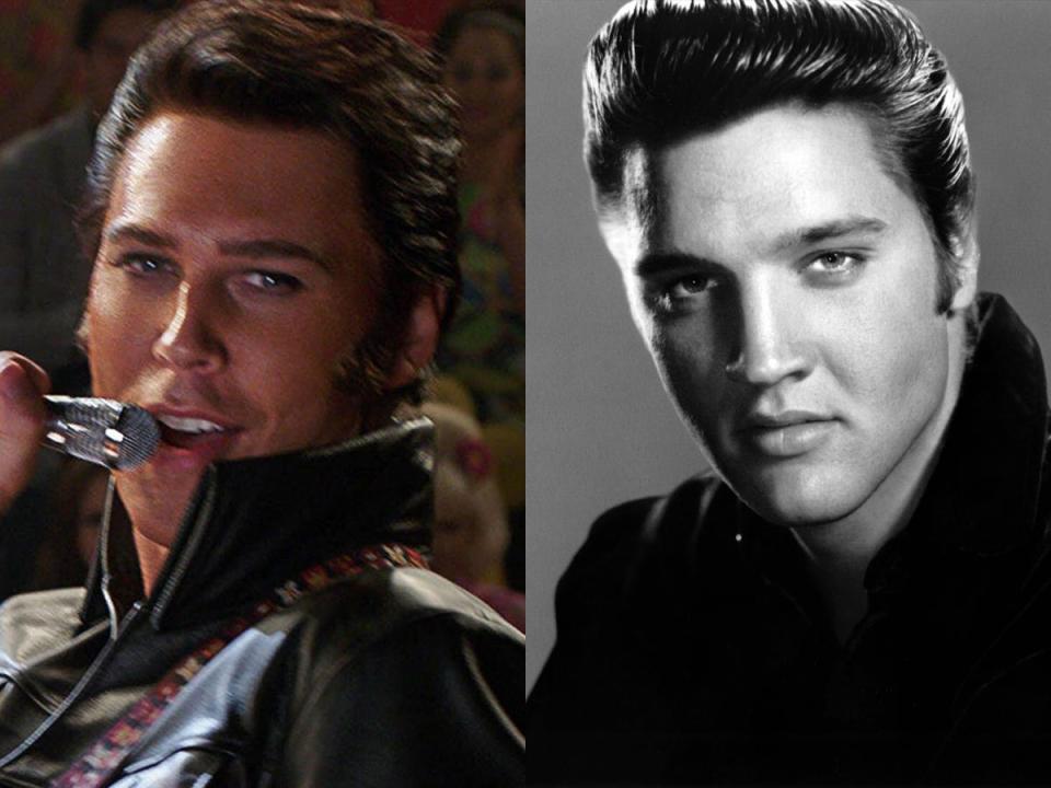 austin butler as elvis presley in elvis and a photoshoot of elvis