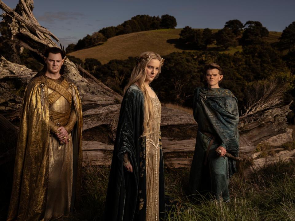 Benjamin Walker, Morfydd Clark, and Robert Aramayo in ‘Lord of the Rings: The Rings of Power’ (Ben Rothstein/ Prime Video)