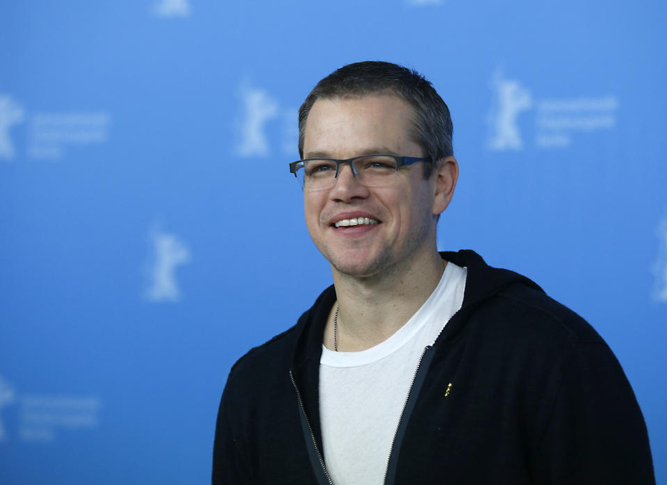 Actor Matt Damon poses at the photo call for the film Promised Land at the 63rd edition of the Berlinale, International Film Festival in Berlin, Friday, Feb.8,2013. (AP Photo/Gero Breloer)