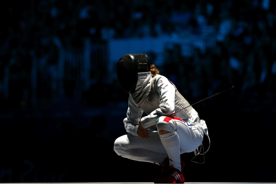 LONDON, ENGLAND - JULY 28: Valentina Vezzali of Italy reacts after losing a point in her Women's Foil Individual Fencing Semi-Final match against Arianna Errigo of Italy on Day 1 of the London 2012 Olympic Games at ExCeL on July 28, 2012 in London, England. (Photo by Hannah Johnston/Getty Images)