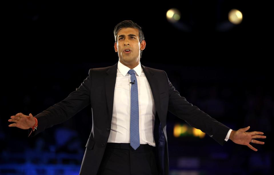 Rishi Sunak speaks during the final Tory leadership campaign event at Aug. 31, 2022 in London.