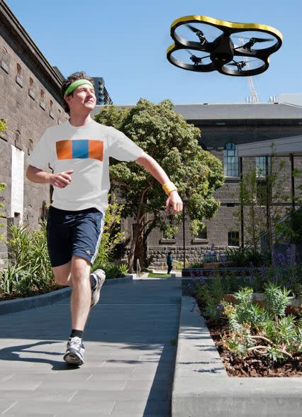 3. Jogging drone. Don’t have the discipline to run by yourself, nor any friends to spur you on?Well, jog on… because Australian inventors have developed a drone that will be running buddy and fly ahead of you. A camera on the Joggobot helicopter locks on to excercisers’ T-shirts and they can control its pace via a smartphone app.