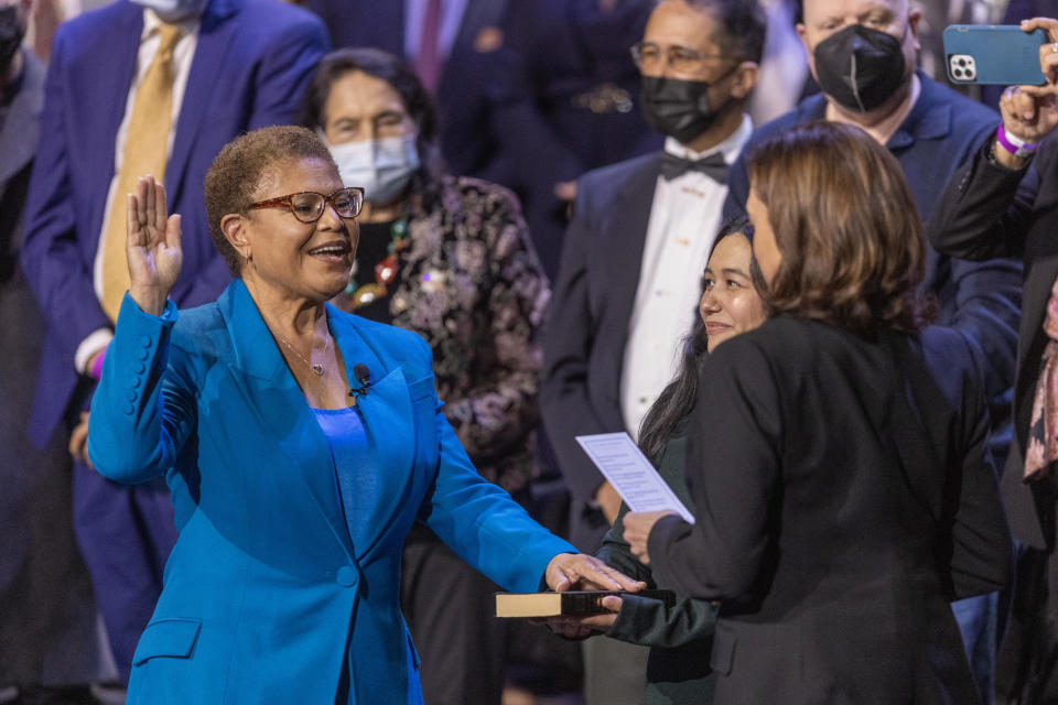 Los Angeles Mayor Karen Bass takes the oath of office, administered by Vice President Kamala Harris, on Dec. 11, 2022 in Los Angeles, California.  / Credit: David McNew / Getty Images