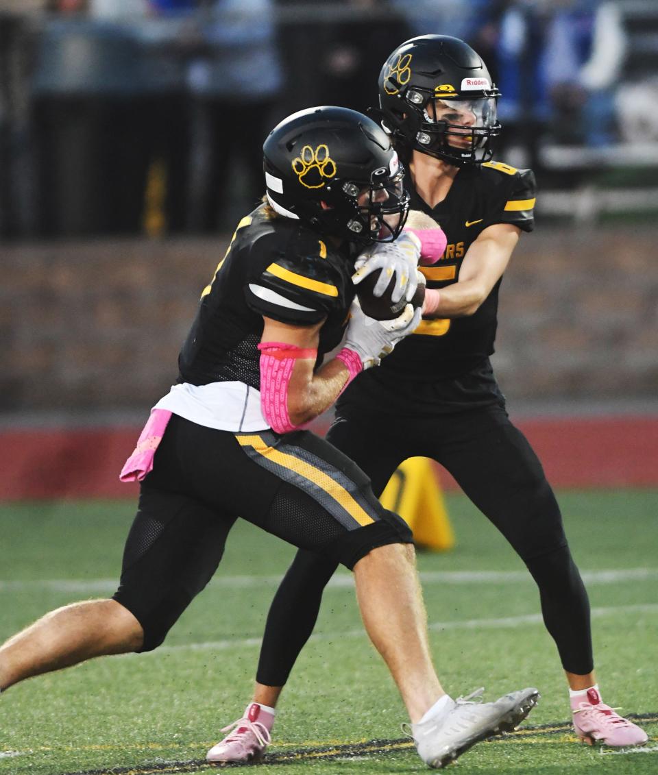 Honeoye Falls-Lima quarterback Matt Meacham works an option with running back Ben Cook.