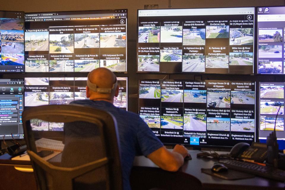 Retired Jackson Lt. Gary Longmire watches over security cam footage inside the Camera Room inside the Jackson Police Headquarters on Tuesday, Sept. 26, 2023.