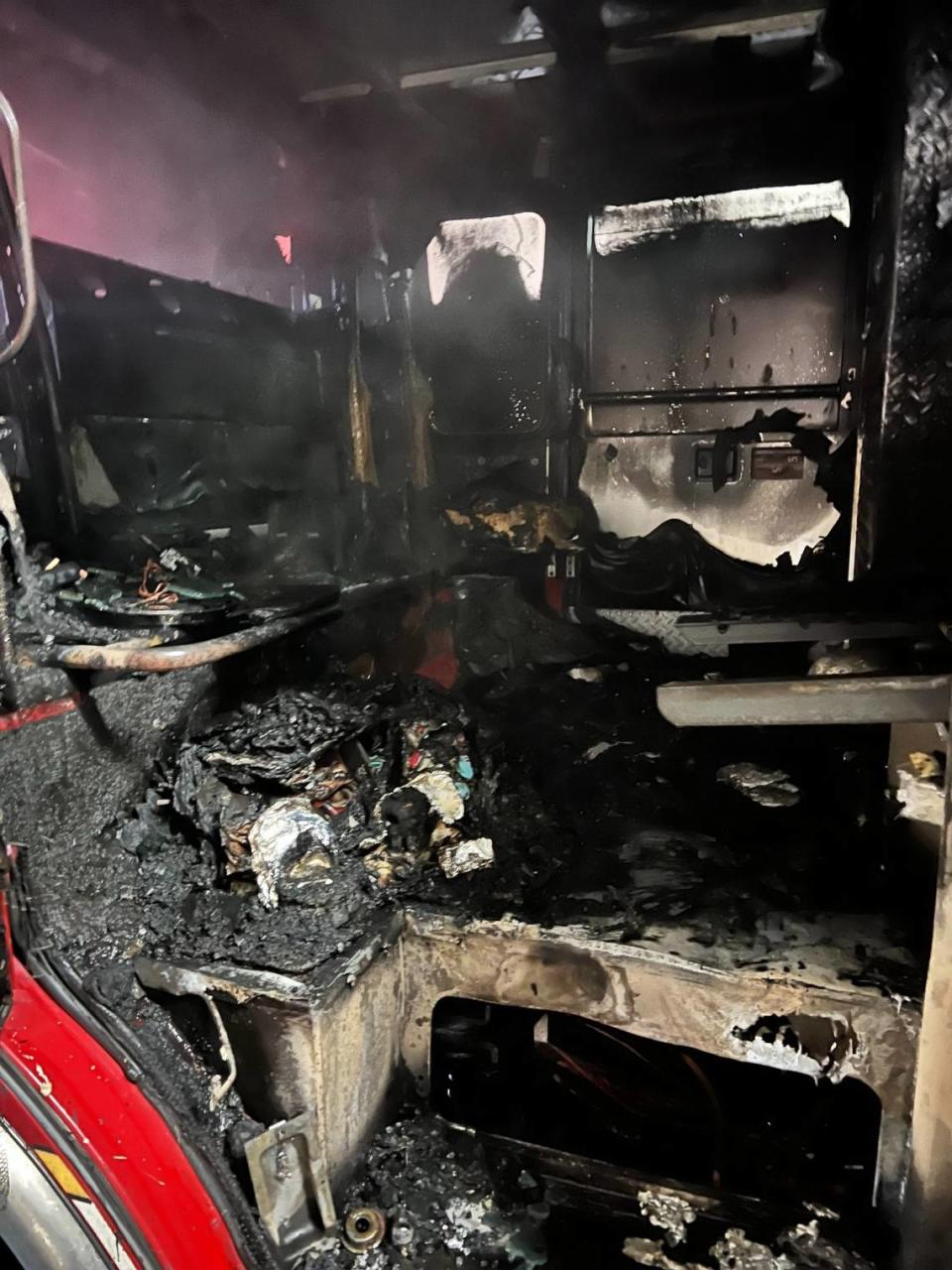 Fire damage on the inside of the reserve ladder truck that caught fire at Concord Fire Station 8 early Thursday morning.