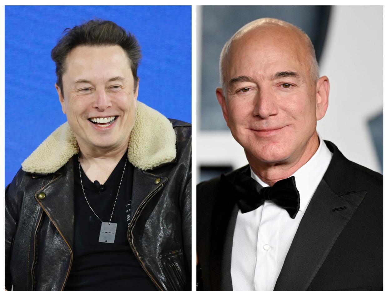 photo collage of Elon Musk (left) and Jeff Bezos (right)