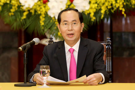 FILE PHOTO: Vietnamese President Tran Dai Quang speaks during a press conference at the Presidential Palace in Hanoi, Vietnam 23 March 2018. Minh Hoang/Pool via Reuters/File Photo