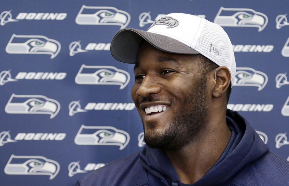 Seattle Seahawks' Derrick Coleman speaks with reporters before NFL football practice Thursday, Jan. 16, 2014, in Renton, Wash. The Seahawks play the San Francisco 49ers on Sunday in the NFC championship game. (AP Photo/Elaine Thompson)