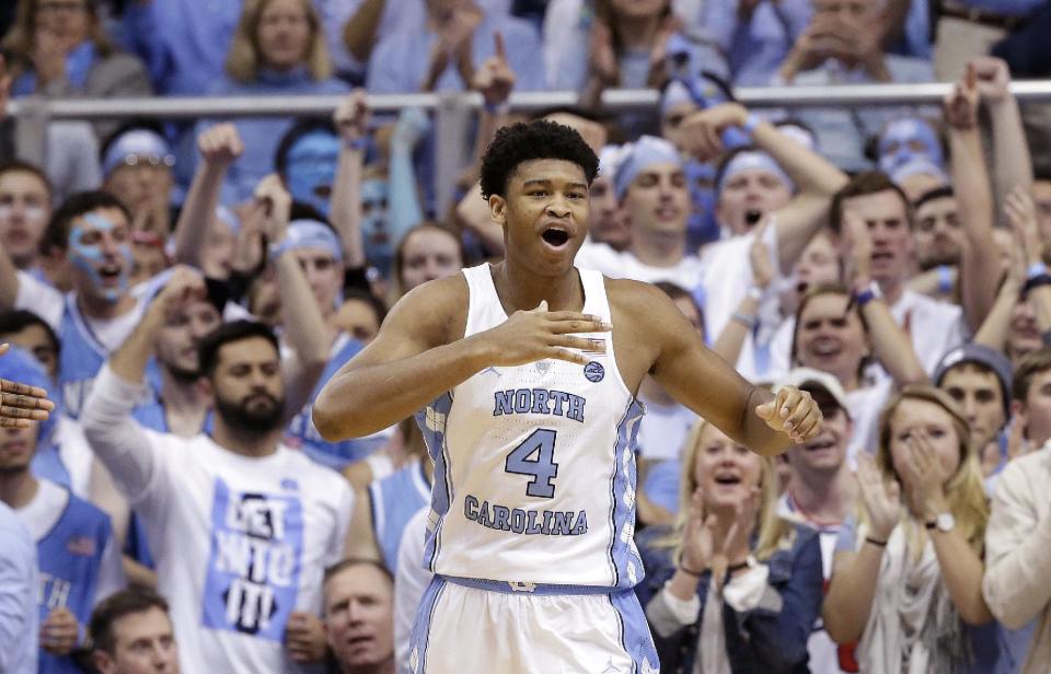 North Carolina's Isaiah Hicks (4) reacts following a basket against Duke during the second half of an NCAA college basketball game in Chapel Hill, N.C., Saturday, March 4, 2017. (AP Photo/Gerry Broome)