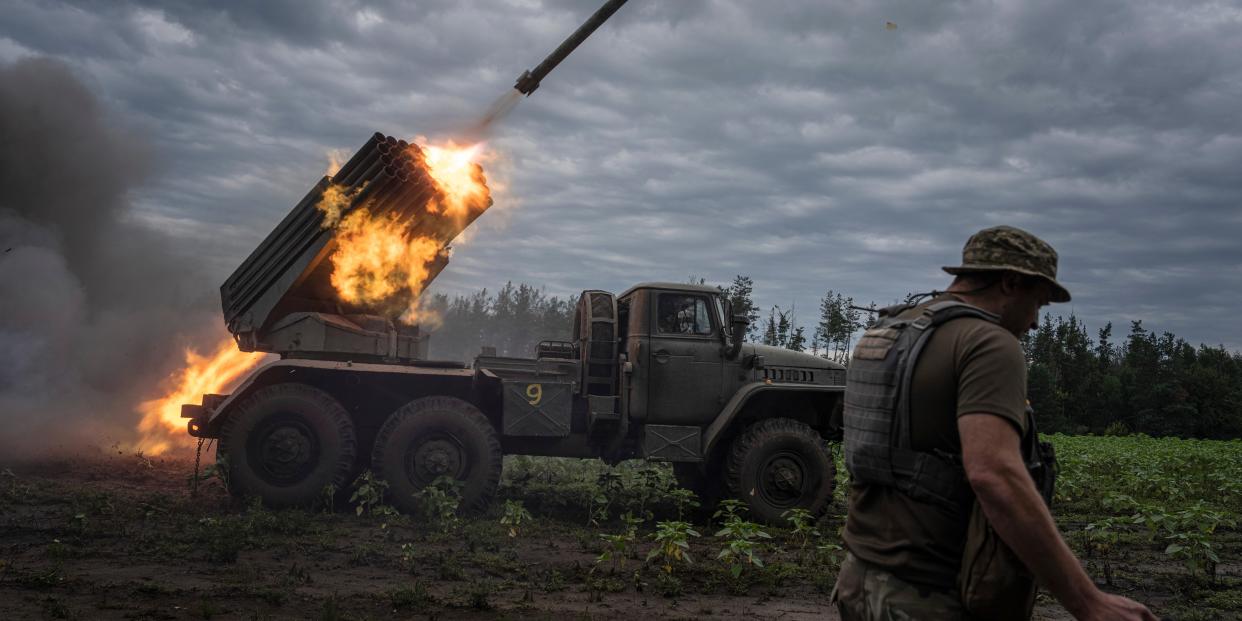 Ukrainian MSLR BM-21 "Grad" shoots toward Russian positions at the frontline in Kharkiv region, Ukraine, on Tuesday, Aug. 2, 2022