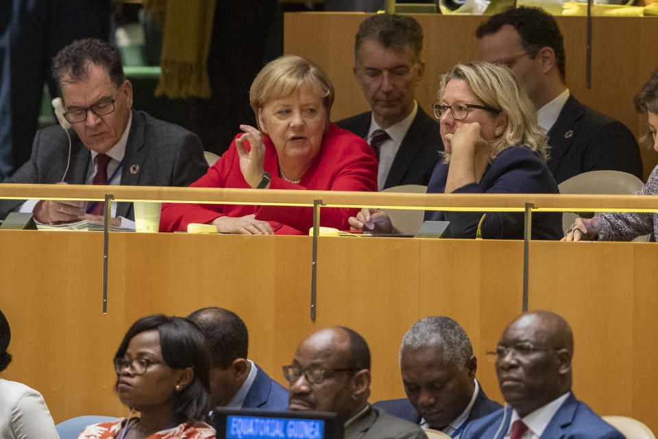 German Chancellor Angela Merkel attends the 74th session of the United Nations General Assembly at U.N. headquarters Tuesday, Sept. 24, 2019. (AP Photo/Mary Altaffer)