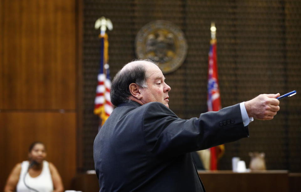 Lead prosecutor John Champion speaks during the retrial of Quinton Tellis in Batesville, Mississippi on Sunday, September 30, 2018. Tellis is charged with burning 19-year-old Jessica Chambers to death almost three years ago on Dec. 6, 2014. Tellis has pleaded not guilty to the murder. (Mark Weber/The Commercial Appeal via AP, Pool)