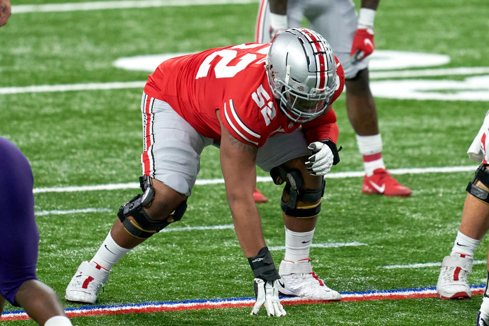 Ohio State offensive guard Wyatt Davis is a mauler in the run game. (Photo by Robin Alam/Icon Sportswire via Getty Images)