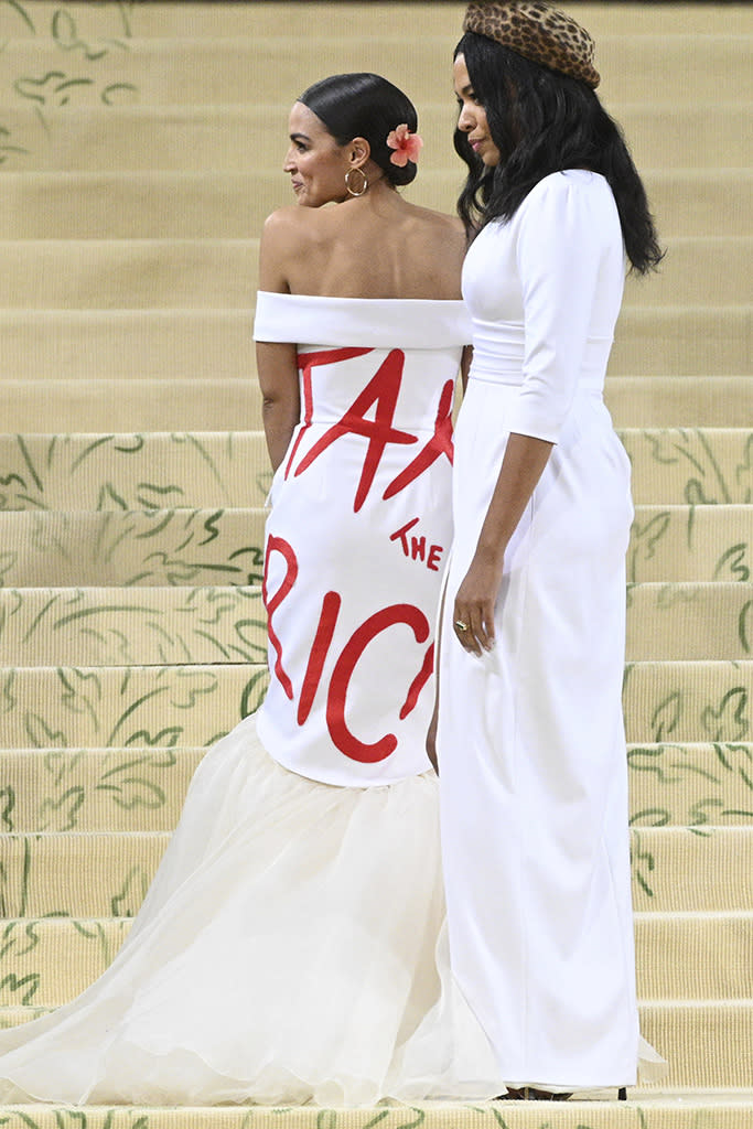 Alexandria Ocasio-Cortez at the 2021 Met Gala with Brother Vellies designer Aurora James - Credit: NDZ/STAR MAX/IPx