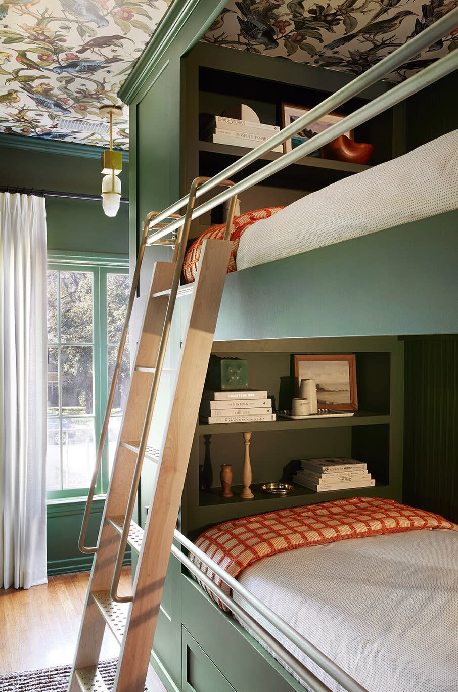 dark sage green bunk beds for adults with window and white curtains