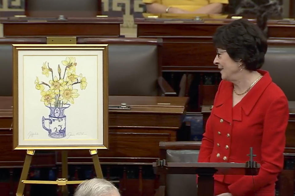 This image from U.S. Senate video, Sen. Susan Collins, R-Maine, speaks about the late Sen. Dianne Feinstein in the Senate chamber on Friday, Sept. 29, 2023, in Washington. Collins displayed a painting that Feinstein had painted for her, that now hangs in her office “and will have a place of honor there always,” Collins said.(Senate Television via AP)
