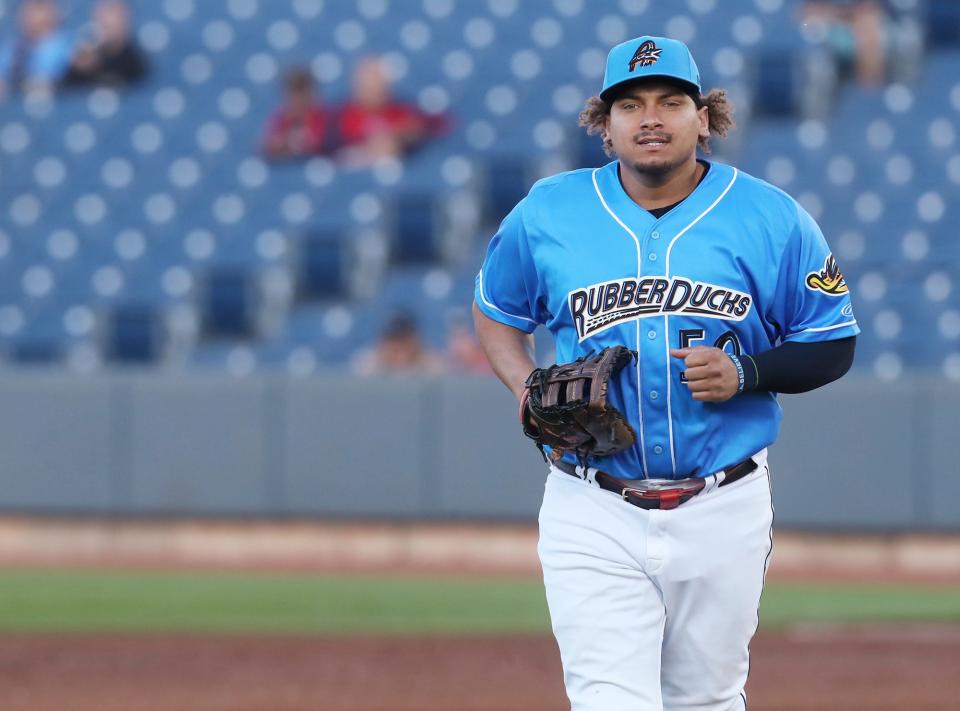 Guardians first baseman Josh Naylor, on a rehab assignment with the RubberDucks, heads back to the dugout at the end of a half-inning against the Bowie Baysox at Canal Park on Thursday.