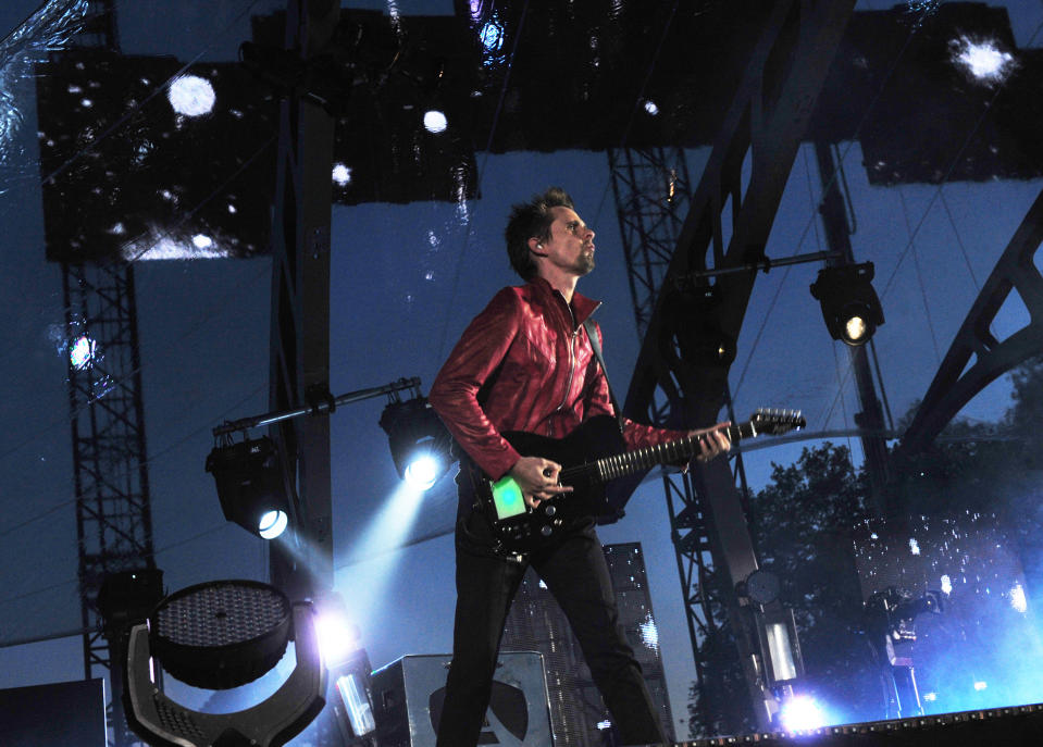 Matt Bellamy performs with Muse during the band's live performance at the Horse Guards Parade following the World Premiere of 'World War Z' in London on Sunday June 2nd, 2013. (Photo by Jon Furniss/Invision/AP Images)