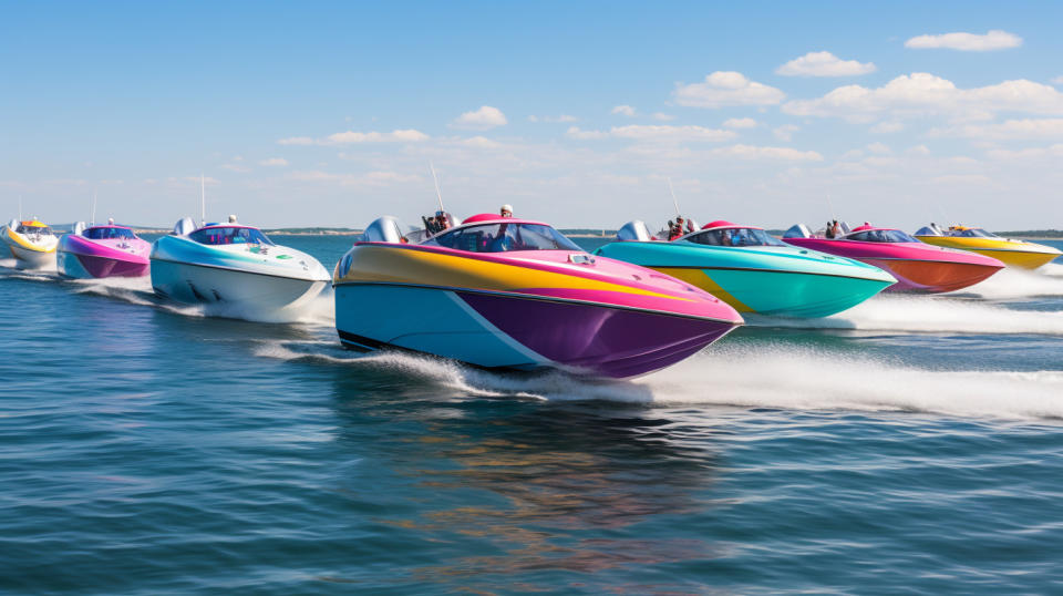 A colorful fleet of recreational fiberglass powerboats in full sail.
