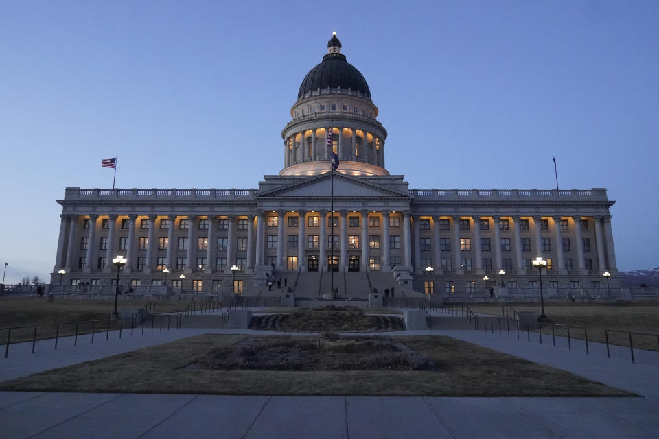 FILE - The Utah Capitol is shown on March 5, 2021, in Salt Lake City. Conservative lawmakers in Utah have fired another salvo in their longtime campaign against online porn with a new requirement that all cellphones and tablets sold in the state automatically block pornography in a plan that critics call a significant intrusion on free speech. (AP Photo/Rick Bowmer, File)