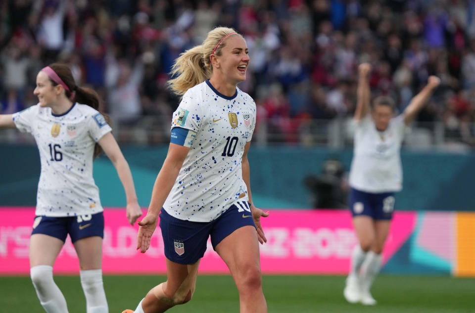 U.S. midfielder Lindsey Horan celebrates after scoring a goal against Vietnam in the second half of a group stage match in the 2023 FIFA Women's World Cup.