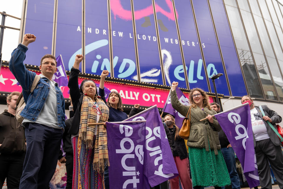 Equity UK members protest out the Gillian Lynne Theatre in May after Lloyd Webber announced he was closing his West End production of Cinderella early. (Getty Images)