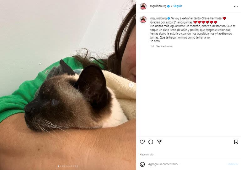 Malena Guinzburg despidió a su gata Chavela, tras 21 años juntas (Foto: Instagram @mguinzburg)