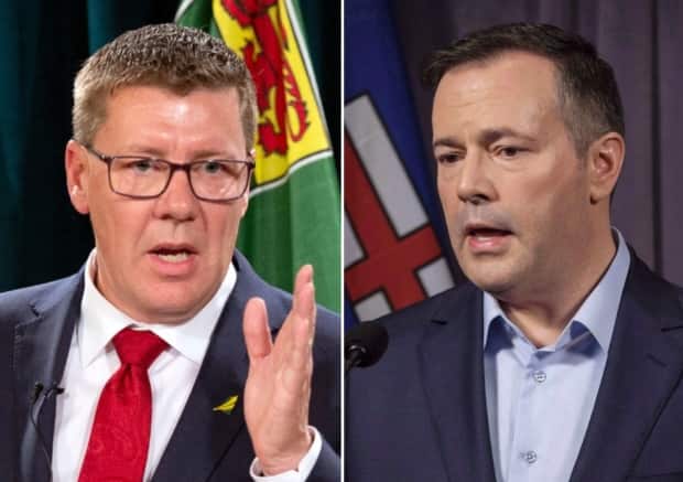 Saskatchewan Premier Scott Moe, left, and Alberta Premier Jason Kenney have both seen their provincial health-care systems pushed to the brink by the pandemic's fourth wave. But only Kenney is facing a leadership review.  (Bryan Eneas/CBC; Jeff McIntosh/The Canadian Press - image credit)