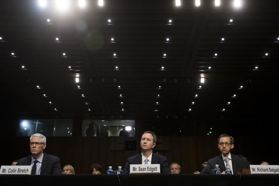 Colin Stretch, general counsel at Facebook, Sean Edgett, acting general counsel at Twitter, and Richard Salgado, director of law enforcement and information security at Google, testify during a Senate Judiciary Subcommittee on Crime and Terrorism hearing. (Photo: Drew Angerer via Getty Images)