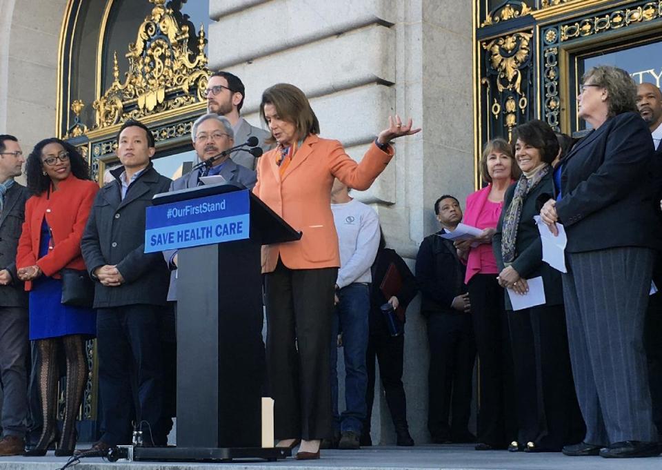 House Minority Leader Nancy Pelosi, D-Calif., speaks against the dismantling of the Affordable Care Act during a rally in San Francisco, Sunday, Jan. 15, 2017. It was one of dozens of rallies Democrats staged across the country to denounce Republican efforts to repeal President Barack Obama's health care law. (AP Photo/Olga R. Rodriguez)