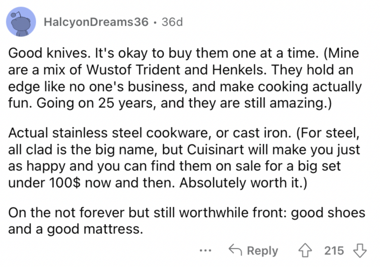 Reddit screenshot about the value of buying very nice knives.