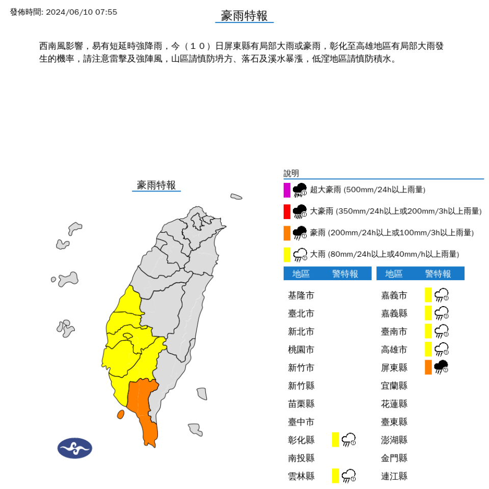 受西南風影響，今（10日）彰化以南地區有局部大雨發生的機率，屏東有豪雨出現。取自中央氣象署