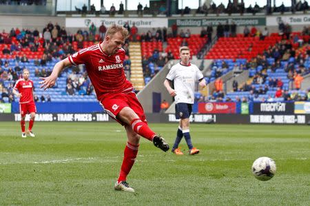 Football Soccer - Bolton Wanderers v Middlesbrough - Sky Bet Football League Championship - Macron Stadium - 16/4/16 Jordan Rhodes scores Middlesbrough's first goal Mandatory Credit: Action Images / Ed Sykes Livepic EDITORIAL USE ONLY.