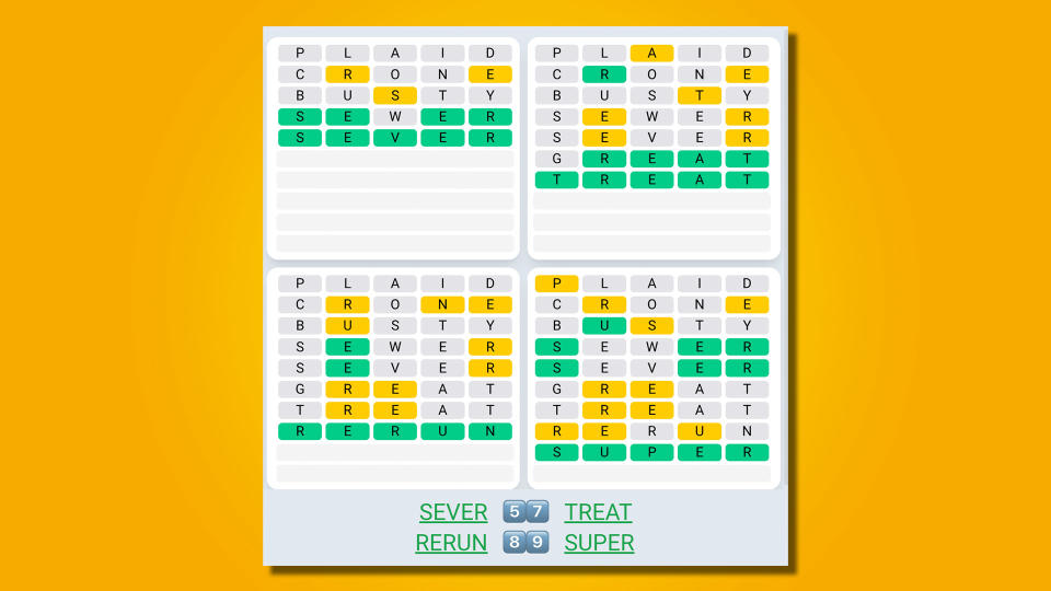 Quordle daily sequence answers for game 512 on a yellow background