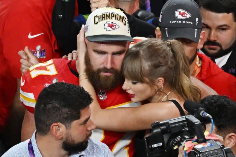Taylor Swift (R) and Travis Kelce celebrate at Super Bowl LVIII in February. File Photo by Jon SooHoo/UPI