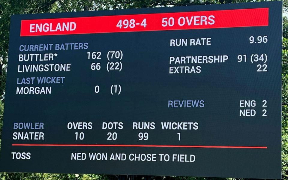 A general view of the scoreboard after England scored the highest-ever total in a one-day international, hitting 498 for four in todayâ€™s 50-over match against the Netherlands - David Charlesworth/PA Wire