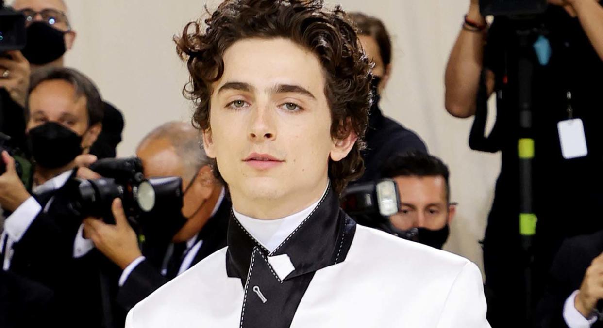 Timothée Chalamet wears bespoke suit and Converse trainers to the 2021 Met Gala in New York.  (Getty Images)